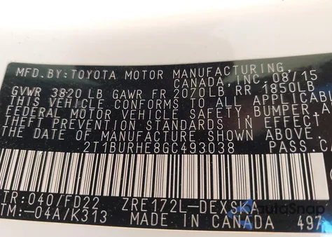 2016 Toyota Corolla L z USA, uszkodzony, nr VIN 2T1BURHE8GC493038